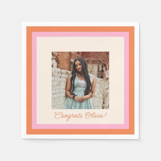 Servilleta De Papel Modern Pink and Orange Border Photo Graduation (Anverso)