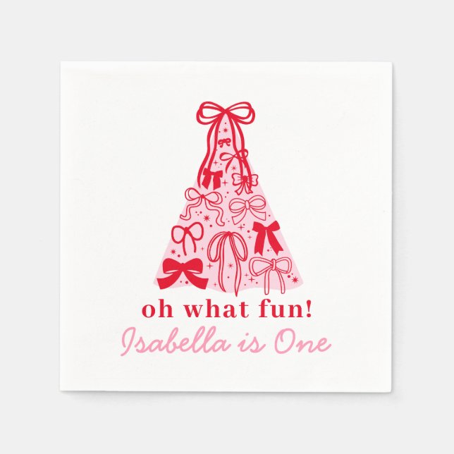 Servilleta De Papel Modern Pink Red Tree Bow 1st Birthday (Anverso)