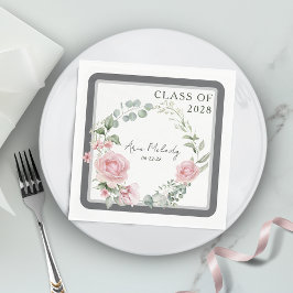 Servilleta De Papel Modern Pink Roses Script Class of Graduation