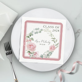 Servilleta De Papel Modern Pink Roses Script Class of Graduation