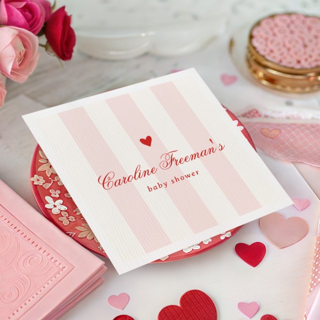 Servilleta De Papel Modern Pink Stripe Heart Valentine Baby Shower (Subido por el creador)