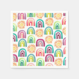 Servilleta De Papel Modern Rainbow & Suns 1st Birthday Watercolor