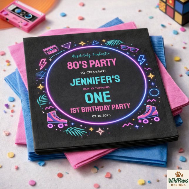 Servilleta De Papel Modern Retro Neon 80’s 1st Birthday Party (Modern Retro Neon 80’s 1st Birthday Party Napkins
)