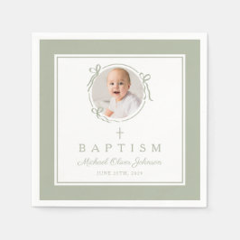 Servilleta De Papel Modern Sage Green Religious Cross Boy Baptism
