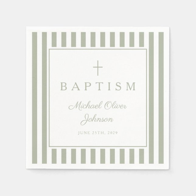 Servilleta De Papel Modern Sage Green Religius Cross Boy Baptism (Anverso)