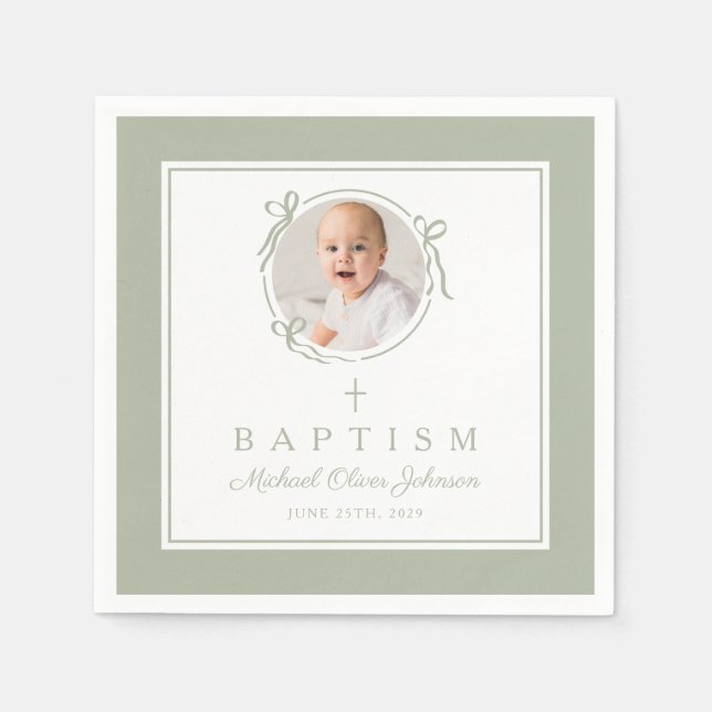 Servilleta De Papel Modern Sage Green Religius Cross Boy Baptism (Anverso)