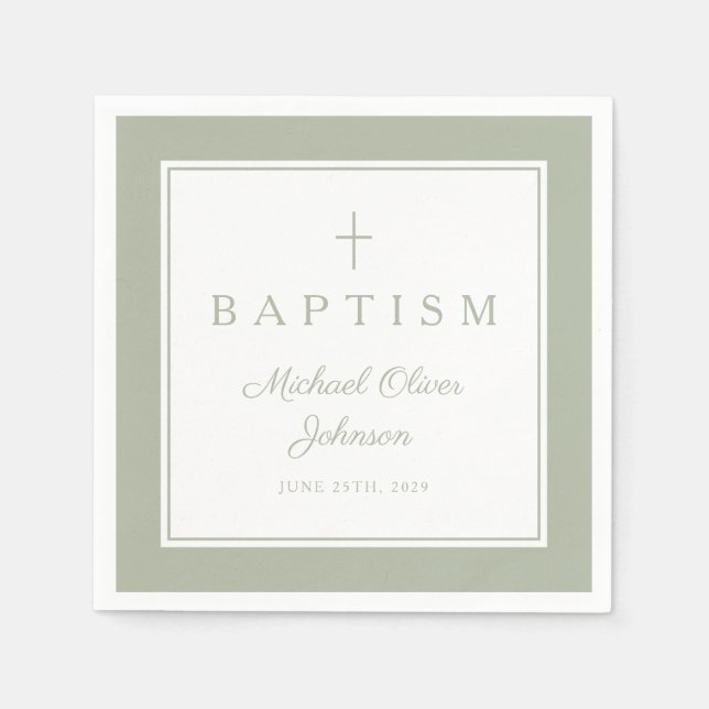 Servilleta De Papel Modern Sage Green Religius Cross Boy Baptism (Anverso)