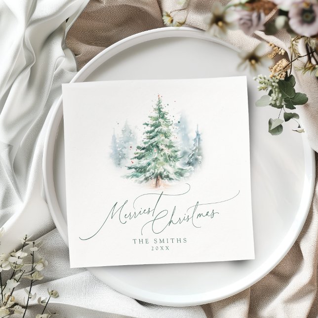 Servilleta De Papel Modern Script Pine Tree Merriest Christmas (Modern Script Pine Tree Merriest Christmas Napkins)