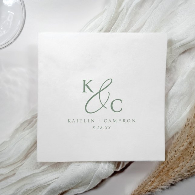 Servilleta De Papel Modern Simple Monogram Sage Green Wedding (Elegant sage green wedding logo / monogram napkins in a simple modern design.)