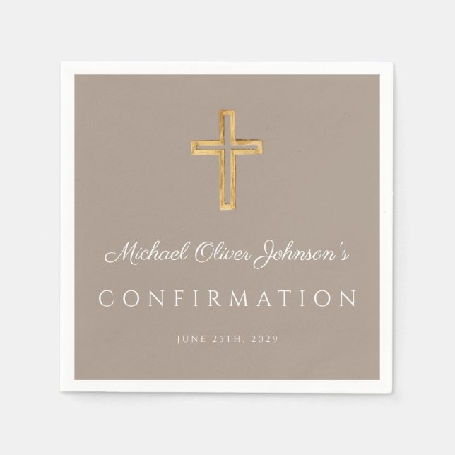 Servilleta De Papel Modern Taupe Religious Cross Boy Confirmation (Anverso)