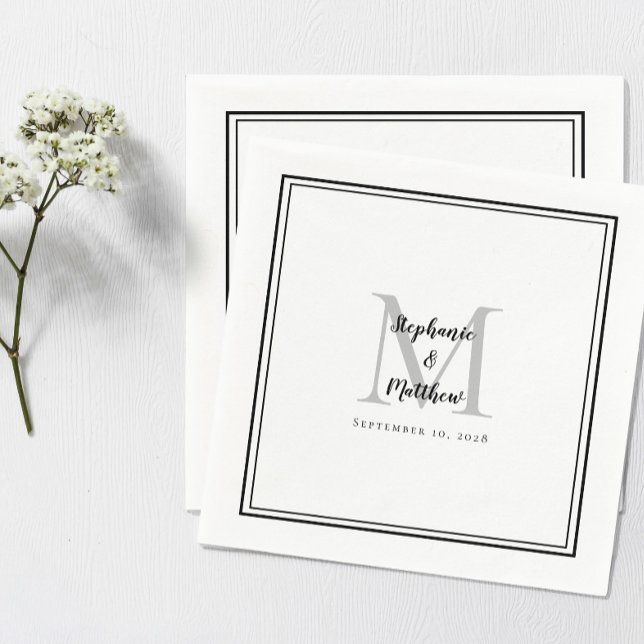 Servilleta De Papel Modern Wedding Names & Date Monogram Black Gray (Subido por el creador)