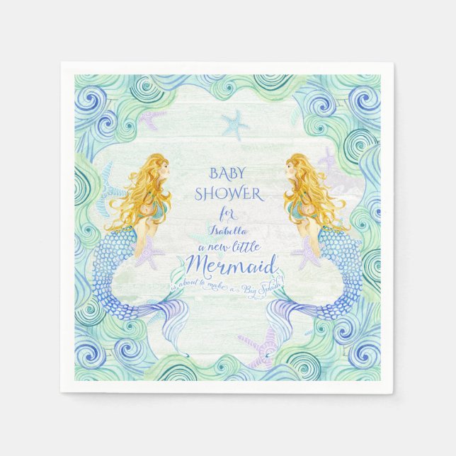 Servilleta De Papel Moderna acuarela Mermaid Baby Shower Waves Madera (Anverso)