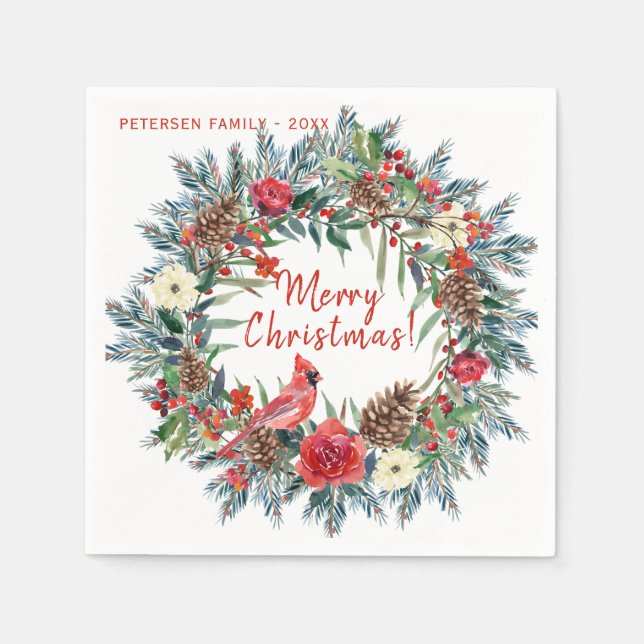 Servilleta De Papel Moderna acuarela rústica floral Feliz Navidad (Anverso)