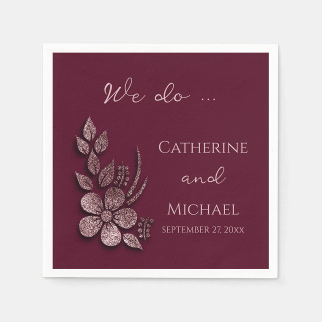 Servilleta De Papel Moderna elegancia Rosa Purpurina de oro Floral y b (Anverso)