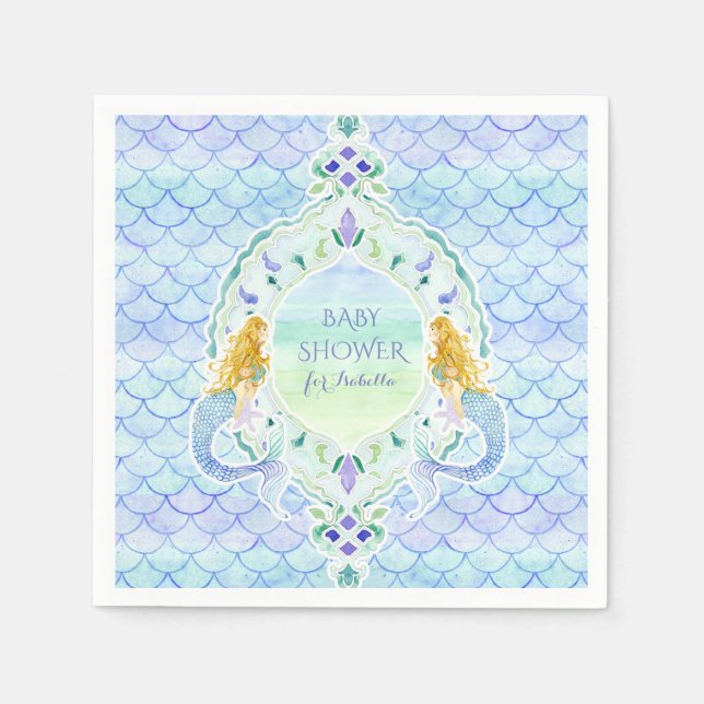 Servilleta De Papel Moderna Escala de Pescado Mermaid Baby Shower Wate (Anverso)