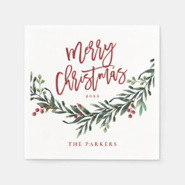 Servilleta De Papel Moderna escritura roja Feliz Navidad verde