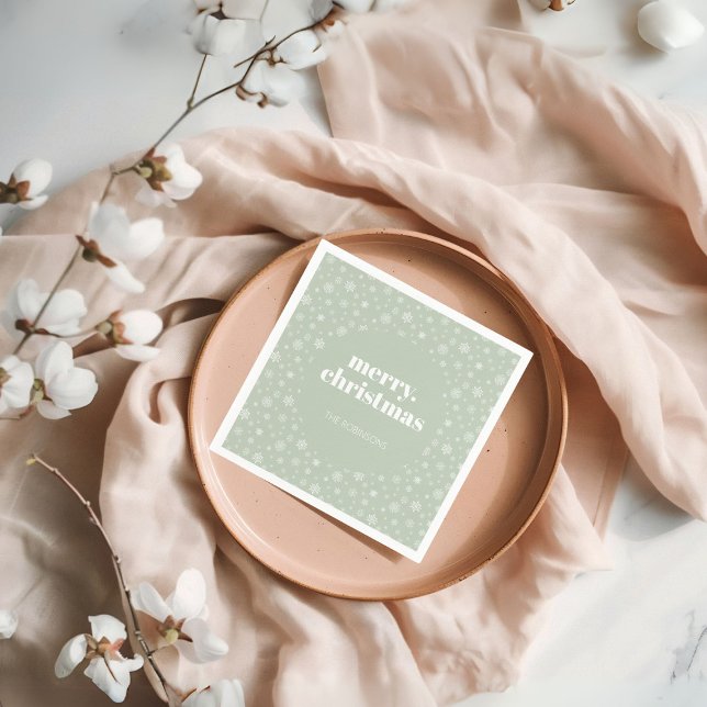 Servilleta De Papel Moderna Feliz Navidad Sage Copo Verde de Nieve (Christmas holiday snowflake pattern napkin)