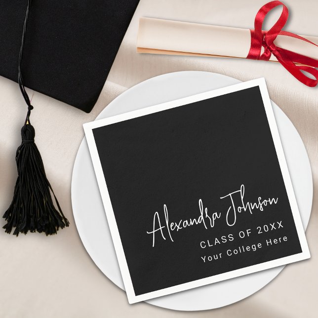 Servilleta De Papel Moderna fiesta de graduación de guiones de moda (Black and white Modern trendy script graduation party napkin )