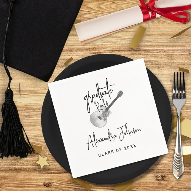 Servilleta De Papel Moderna fiesta de graduación de guitarra en guión  (Modern trendy black and white rustic country guitar music themed graduation party custom napkin)