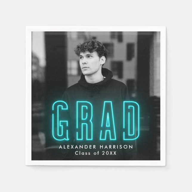 Servilleta De Papel Moderna Graduación de fotos de neón cian (Anverso)
