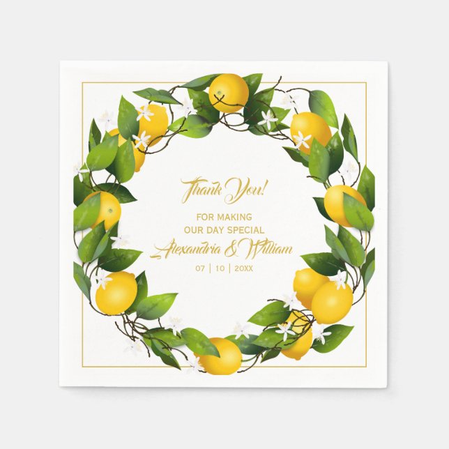 Servilleta De Papel Moderna Lemon Wreath Gracias | BODA (Anverso)