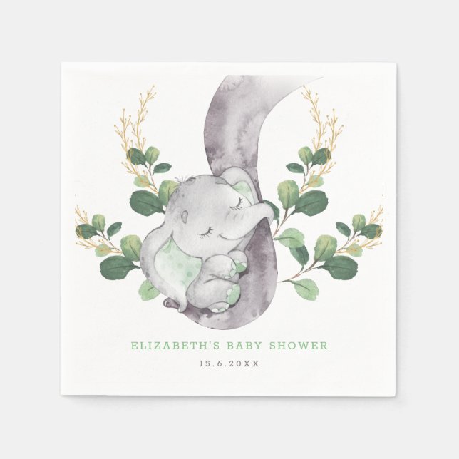 Servilleta De Papel Moderna vegetación Baby Elephant Green Gold Garden (Anverso)