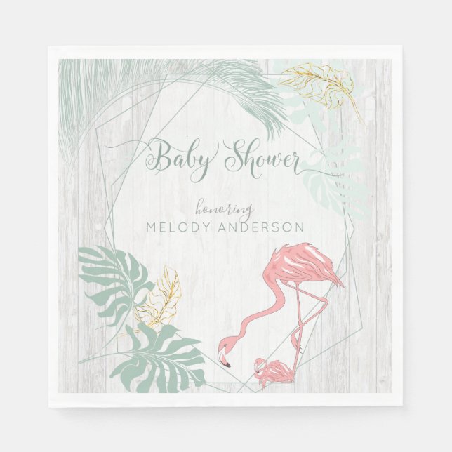 Servilleta De Papel Modernas hojas tropicales Baby Shower Flamingo ros (Anverso)