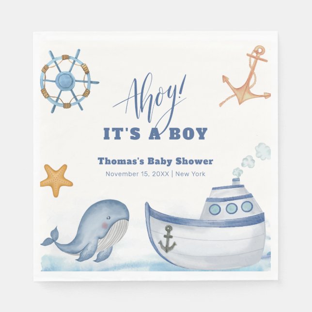 Servilleta De Papel Moderno Ahoy Boy Whale Sailboat Baby Shower (Anverso)
