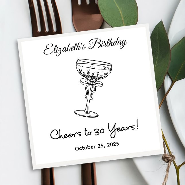 Servilleta De Papel Moderno B&W Cheers to 30 años Napkin de cumpleaños (Subido por el creador)