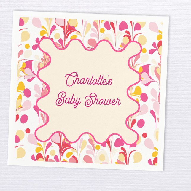 Servilleta De Papel Moderno Baby Shower Retro Resumen Onda Rosa (Modern retro groovy abstract pattern personalized baby shower party paper napkin)