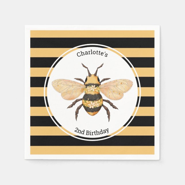 Servilleta De Papel Moderno Black Yellow Stripes Bee Birthday Party (Anverso)