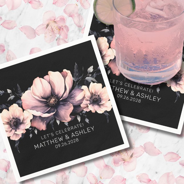 Servilleta De Papel Moderno Boda floral rosado negro moderno de moda (Trendy Chic Modern Floral Black Pink Wedding Napkins)