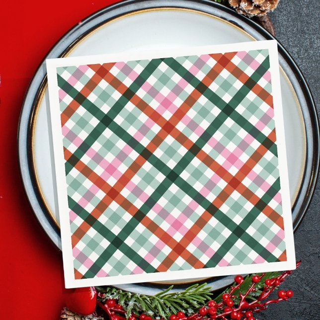 Servilleta De Papel Moderno Gingham Holiday Cena Napkin de papel (Holiday Gingham dinner napkins in green, red and pink colors for Christmas Party. Modern plaid.)