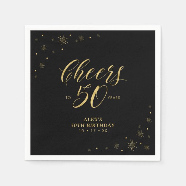 Servilleta De Papel Moderno "Gold Sparkle" y "Cheers" 50° cumpleaños (Anverso)