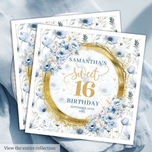 Servilleta De Papel Moderno Pastel Blue Sweet 16 Napkin Gold Sparkes (Modern Pastel Blue Sweet 16 Napkin Gold Sparkes)