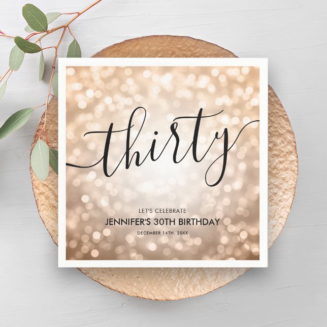 Servilleta De Papel Moderno Rosa Oro Purpurina Encende 30 cumpleaños (Modern Rose Gold Glitter Lights 30th Birthday Napkins)
