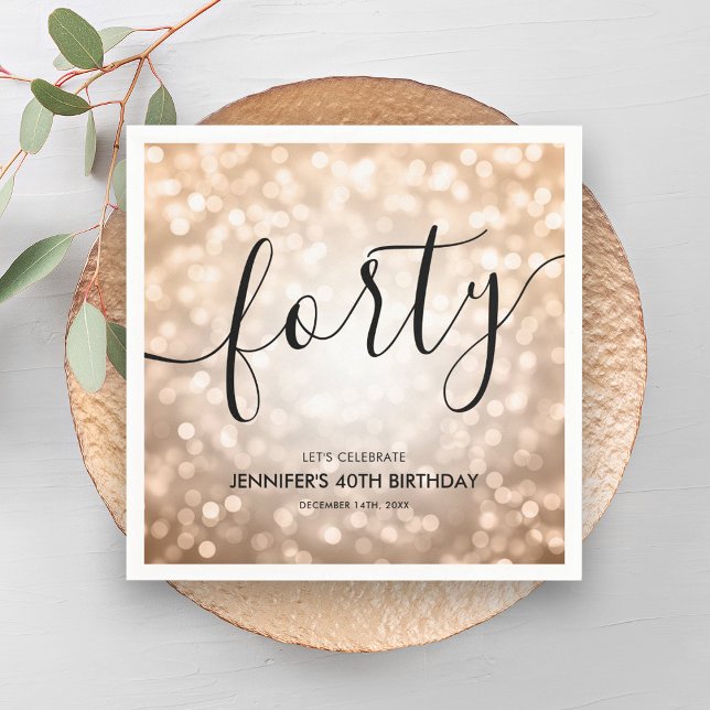 Servilleta De Papel Moderno Rosa Oro Purpurina Luces 40 cumpleaños (Modern Rose Gold Glitter Lights 40th Birthday Napkins)
