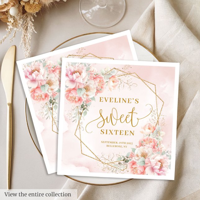 Servilleta De Papel Moderno Rubor Sage Gold Floral Sweet Dieciséis (Modern Blush Pink Sage Gold Floral Sweet Sixteen Napkins)