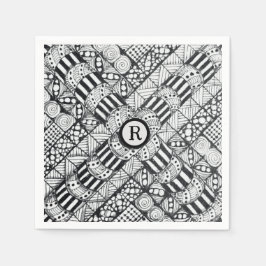 Servilleta De Papel Molinete De Monograma Y Doodle En Blanco Y Negro M