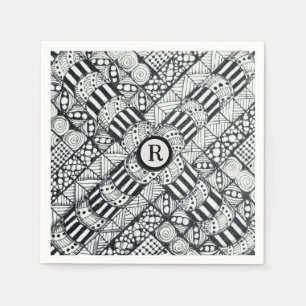 Servilleta De Papel Molinete De Monograma Y Doodle En Blanco Y Negro M