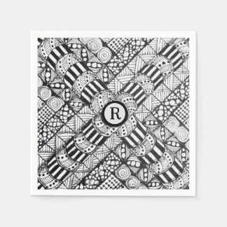 Servilleta De Papel Molinete De Monograma Y Doodle En Blanco Y Negro M