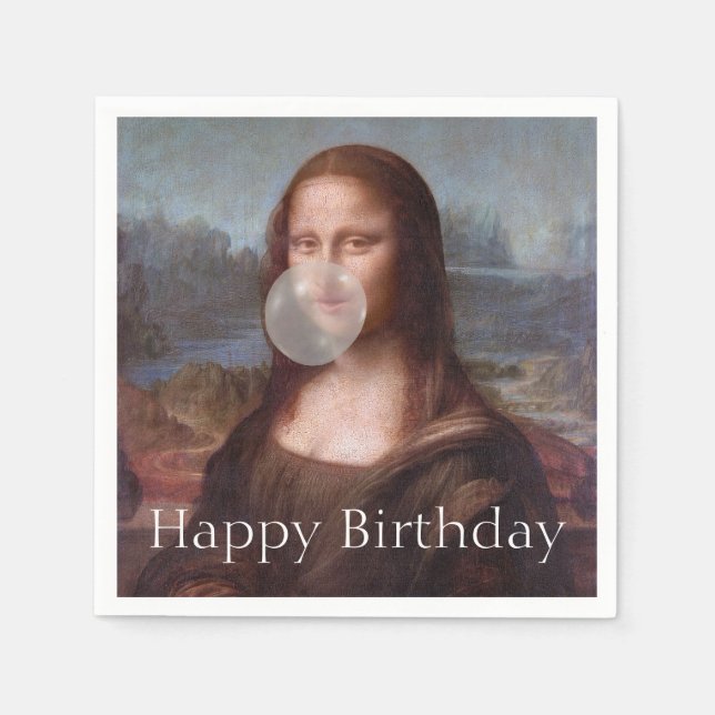 Servilleta De Papel Mona Lisa soplando chicle Feliz cumpleaños (Anverso)