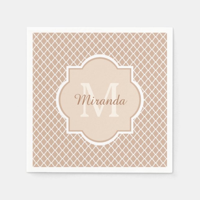 Servilleta De Papel Mongograma Preppy Tan Quatrefoil con nombre (Anverso)