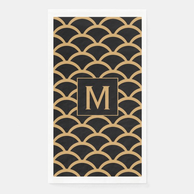 Servilleta De Papel Mongram Gold, Black Art Deco Fish Scale Pattern (Anverso)