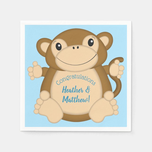 Servilleta De Papel Monkey Baby Shower Blue (Anverso)