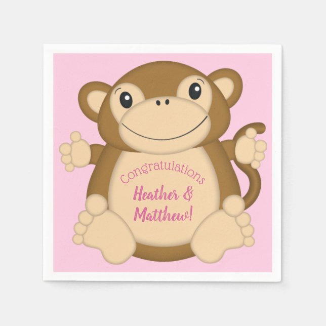 Servilleta De Papel Monkey Baby Shower Pink (Anverso)
