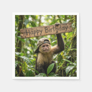 Servilleta De Papel Mono sosteniendo un cartel de Feliz Cumpleaños