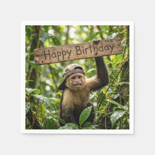 Servilleta De Papel Mono sosteniendo un cartel de Feliz Cumpleaños (Anverso)