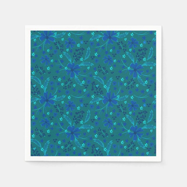 Servilleta De Papel Monochromatic dark turquoise blue retro floral  (Anverso)