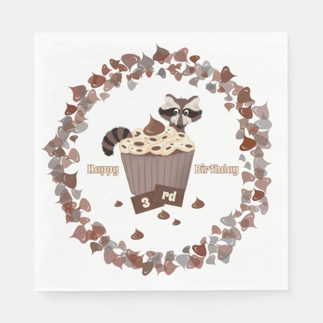 Servilleta De Papel Monocromático Raccoon Cupakes Cumpleaños (Anverso)